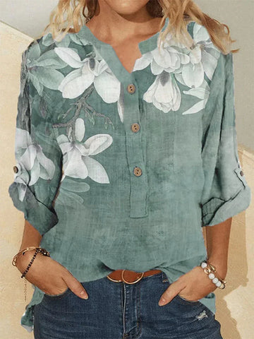 Camisa de cuello alto de algodón con bordado floral para mujer